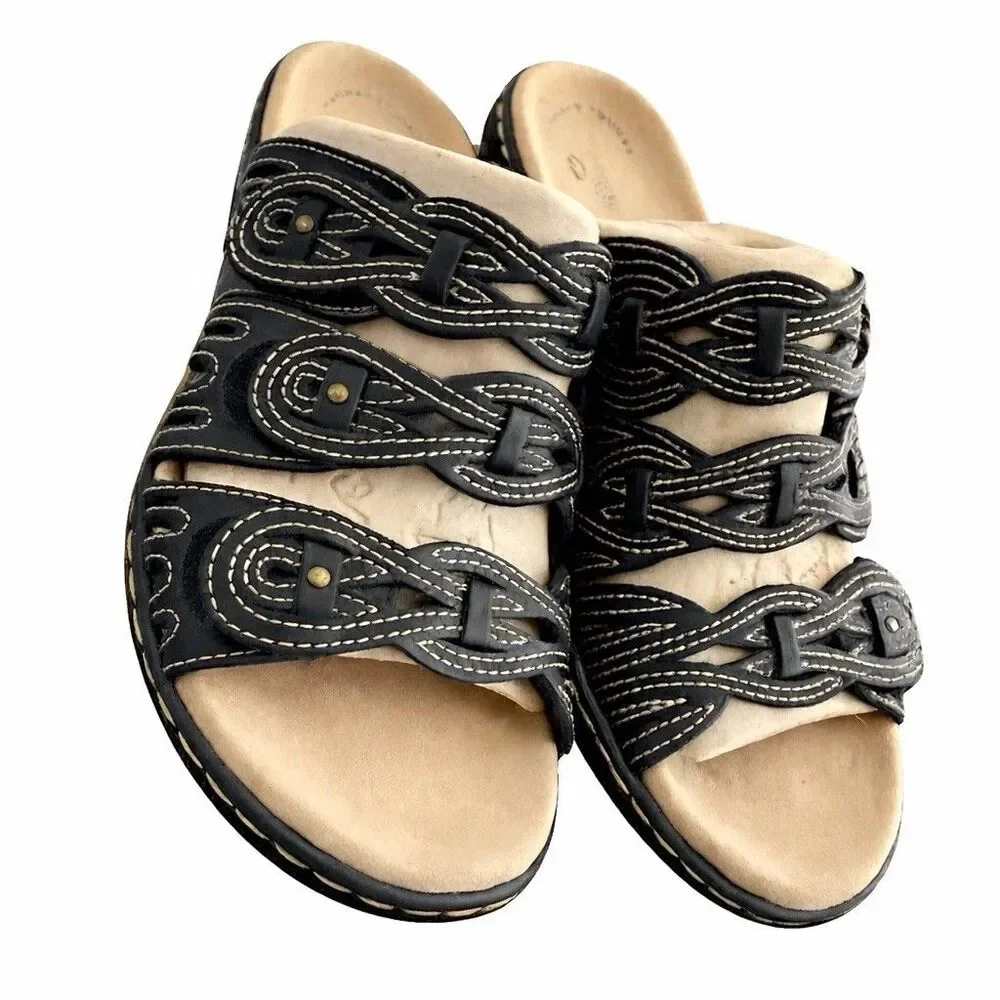 Clarks Leather Leisa Faye Sz 37.5 Adjustable Triple Strap Slip On Black Sandals